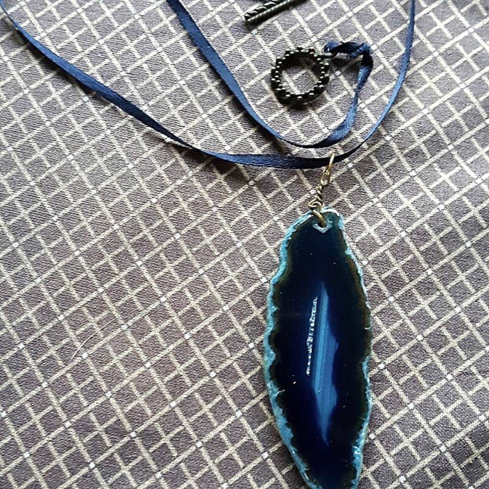 Geode necklace, blue on blue satin cord w/ brass toned toggle clasp, boho